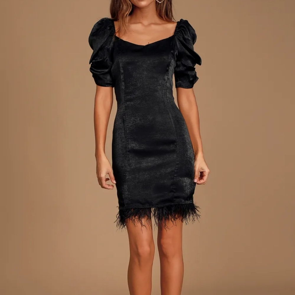 Luxe Lovin' Black Satin Puff Sleeve Feather Dress